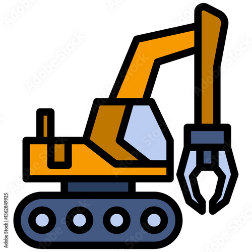 Excavator Grapple Outline Flat Design Icon - Heavy Machinery Outline Flat Design Icon