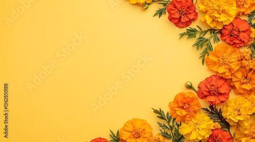 Vibrant Marigold Floral Arrangement on Yellow Background AI Generated