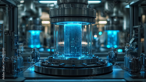 A plasma reactor glowing in blue sits at the center of a high-tech futuristic lab, surrounded by advanced equipment and illuminated panels for cutting-edge energy research and scientific innovation.