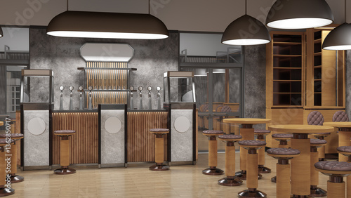 Fototapeta Naklejka Na Ścianę i Meble -  Restaurant bar interior with wood bar counter. 3d illustration