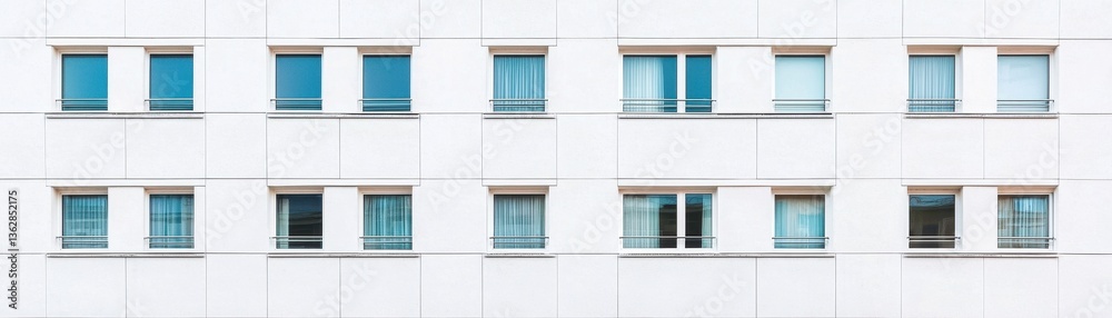 A modern building facade featuring a grid of windows with varying shades of blue curtains, against a clean white wall. A modern building facade featuring a grid of windows with varying shades of blue curtains, against a clean white wall.