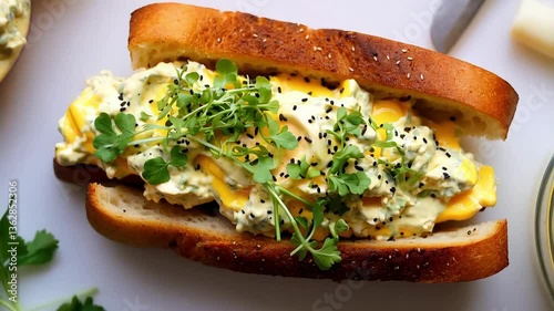 Egg Salad Sandwich With Cilantro Sesame Seeds On Toasted Bread Overhead View