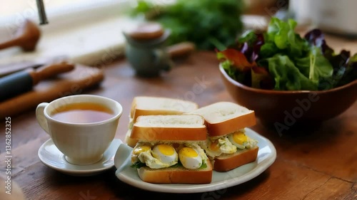 Egg Salad Sandwiches and Green Salad in Bowl on Wooden Table with Tea Cup Still Life