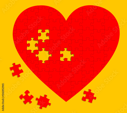 An incomplete heart is seen with puzzle pieces missing. Something is not right in your love life is the theme of this 3-d illustration. Could also be used to illustrate a cardiac medical heart illness