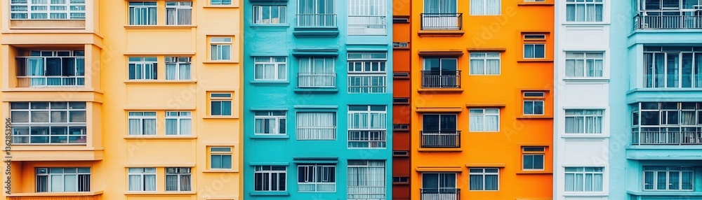 Fototapeta premium A vibrant array of colorful apartment buildings showcasing different shades, creating a lively urban landscape.