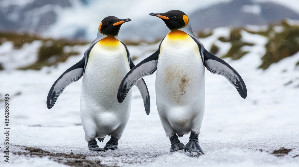 Fototapeta premium Majestic king penguins standing side by side in a snowy landscape