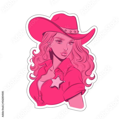 Modern fashionable cowgirl wearing hat and sheriff sign. Stylized flat portrait.
