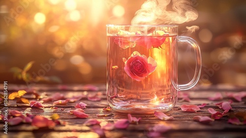 Tranquil Moment: Aromatic rose infusion steaming in a glass mug outdoors