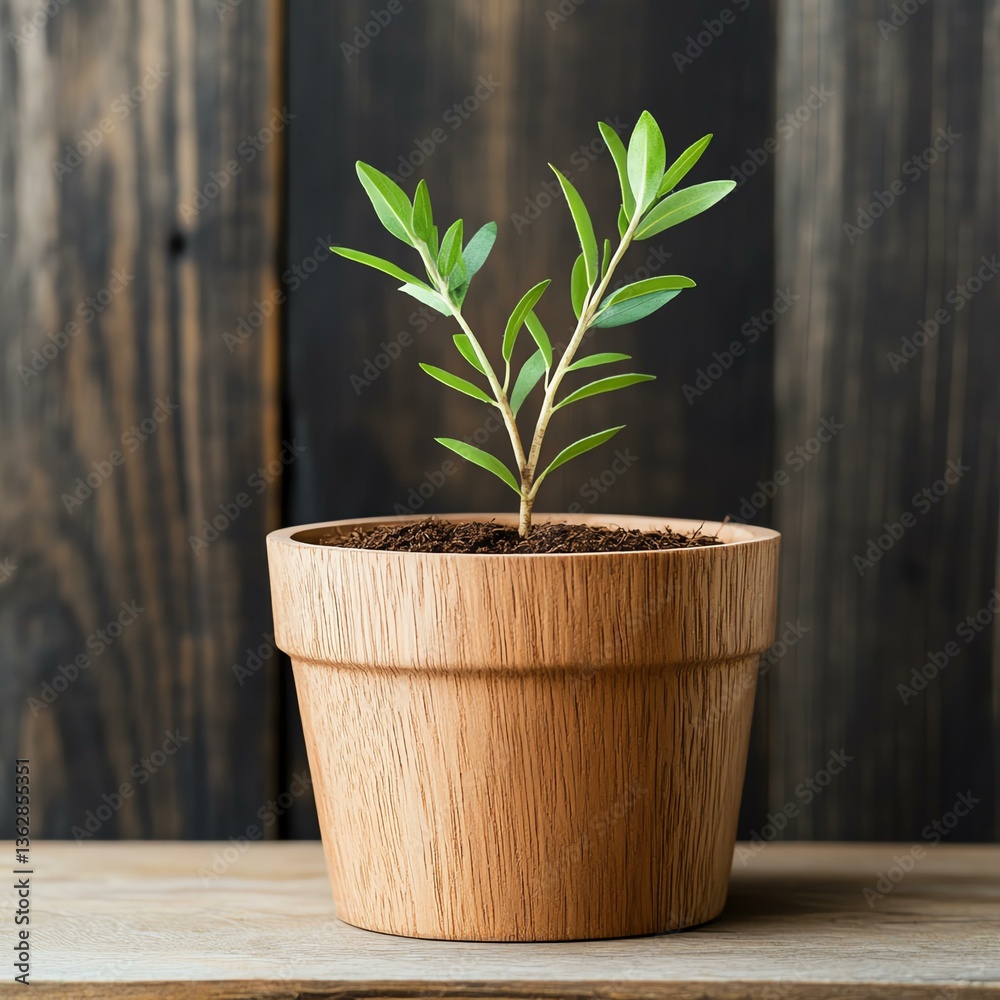 Obraz premium Young plant growing in a wooden pot indoors.