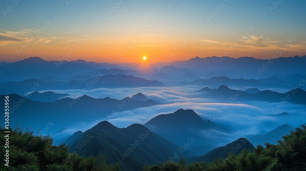 Obraz premium Serene sunrise over misty mountain ranges
