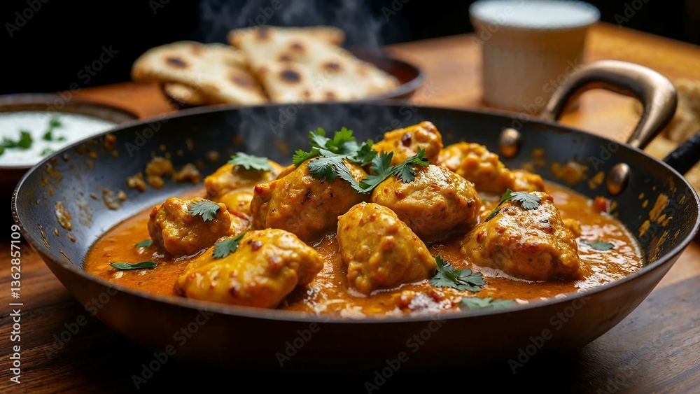 Sizzling chicken curry served with naan bread and tangy yogurt sauce Sizzling chicken curry served with naan bread and tangy yogurt sauce