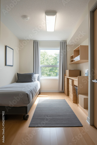 Modern student dorm room featuring minimalist design and natural light in daytime