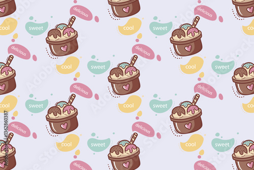 Playful seamless pattern of ice cream cups with toppings and colorful speech bubbles. Perfect for summer-themed prints and kids’ product designs.