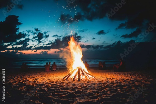 bonfire on the beach at night with light