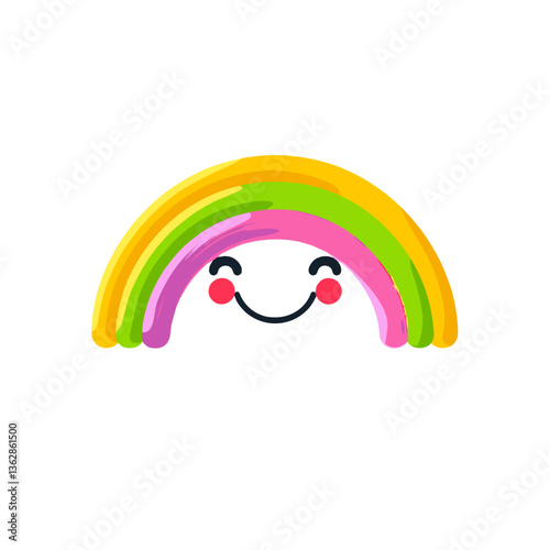 The image features a cheerful and colorful rainbow design composed of vibrant, thick arcs in yellow, green, and pink. Underneath the rainbow, there is a smiling face with rosy cheeks, adding a playful