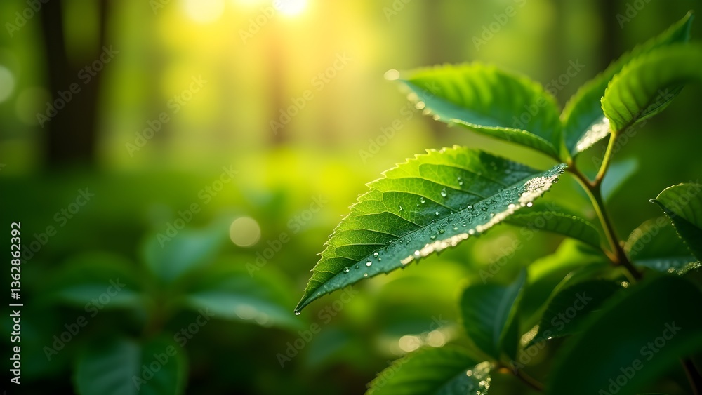 Lush Green Leaves with Water Droplets in a Sunlit Forest: A Close-Up of Nature's Beauty Lush Green Leaves with Water Droplets in a Sunlit Forest: A Close-Up of Nature's Beauty
