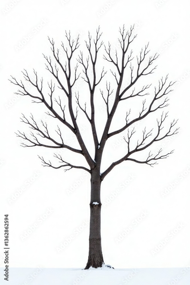Fototapeta premium Bare tree branch against a white background with a few remaining leaves, landscape, branch, snowy