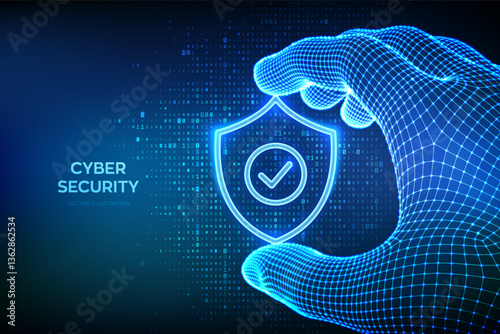 Security shield. Cyber security. Protection shield with check mark icon in a wireframe hand on binary code background. Digits 1.0. Cyber data protection. Information privacy idea. Vector illustration.