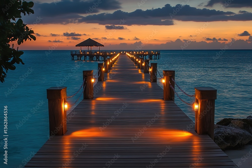 Fototapeta premium Serene Ocean Pier at Sunset with Lanterns & Hut, Tranquil Waterscape & Twilight Sky