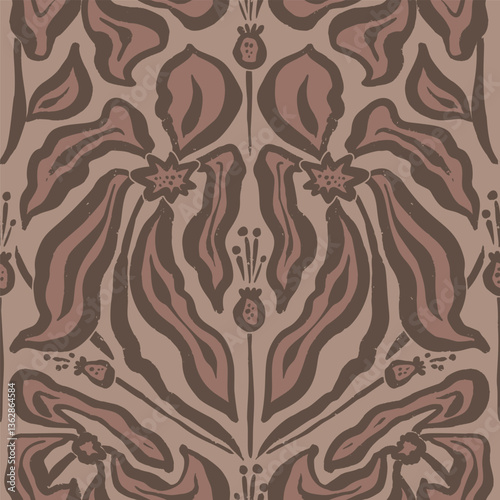 Inky brush strokes brown flowers seamless pattern damask style. Abstract modern floral background. Textured botanical minimalist wallpaper