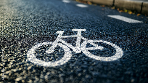 Close-up of a freshly painted white bicycle lane symbol on smooth asphalt, crisp and detailed