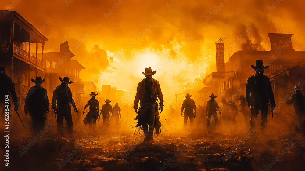 Fototapeta premium A zombie apocalypse in a wild west town. The undead are dressed in dusty cowboy hats and old western gear, with torn clothes and empty eyes. 