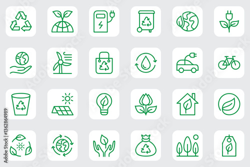 Minimalist eco-friendly line icons in a square style, symbolizing sustainability, recycling, renewable energy, and environmental conservation. Ideal for green projects, eco campaigns, and awareness.