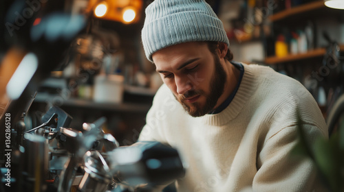 A skilled bike mechanic repairing a bicycle in a professional workshop, detailed tools on a workbench, focused expression