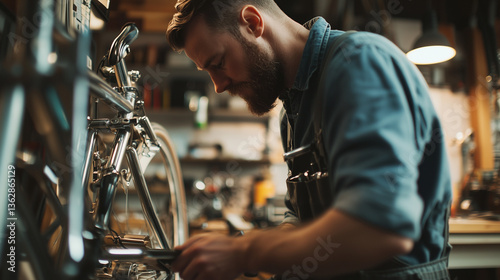 A skilled bike mechanic repairing a bicycle in a professional workshop, detailed tools on a workbench, focused expression