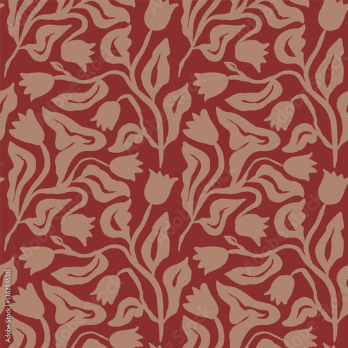 Brush strokes inky flowers brown seamless pattern. Abstract floral contemporary background. Textured botanical minimalist wallpaper