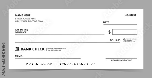 Blank bank cheque. Professional bank check layout for payment. Business or personal account cash pay cheque certificate or pay check coupon from check book
