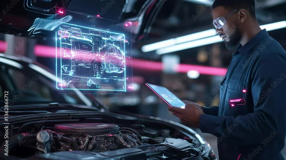 A mechanic using augmented reality to diagnose car engine issues, with a digital display floating above the engine. Ideal for content about automotive technology, innovation, and modern repair techniq