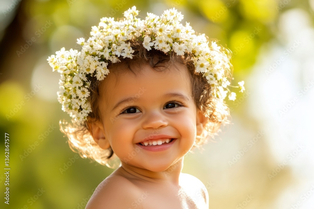Sunny daylight. Smiling brazilian toddler boy with tt hair wearing white flower crown on his head. Happy holiday season holidays conceptual art. Sunshine and flowers for kids. Sunny daylight. Smiling brazilian toddler boy with tt hair wearing white flower crown on his head. Happy holiday season holidays conceptual art. Sunshine and flowers for kids.