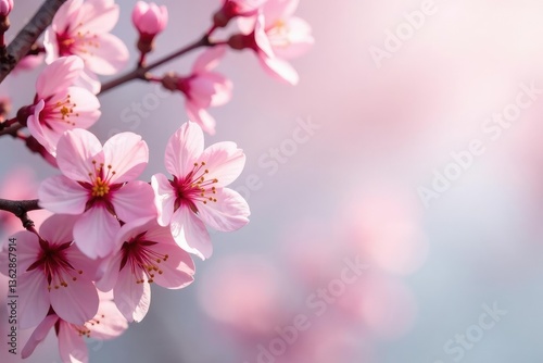 Delicate pink sakura blossoms in full bloom, soft pastel background, spring, aesthetic