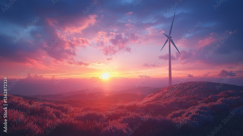 Obraz premium Wind turbine on a hill at sunset, representing the concept of eco power energy in nature
