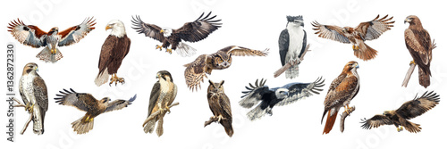 Collection of Diverse Bird of Prey Illustrations. Featured Bald eagle, Golden eagle, Harpy eagle, Falcon, Red-tailed Hawk, Eurasian Eagle-Owl