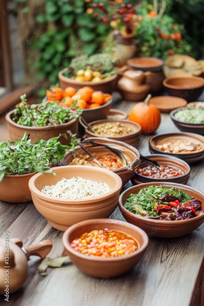 Fototapeta premium Rustic Farm-to-Table Harvest Feast Artisanal Clay Bowl Culinary Experience - Sustainable Dining Storytelling for Conscious Epicurean Marketplaces