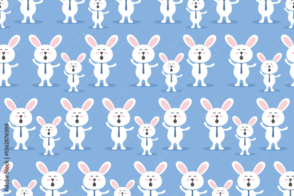 Seamless pattern of cute white cartoon rabbits on blue background. Ideal for kids' products, wallpapers, fabric prints, and wrapping paper. Seamless pattern of cute white cartoon rabbits on blue background. Ideal for kids' products, wallpapers, fabric prints, and wrapping paper.