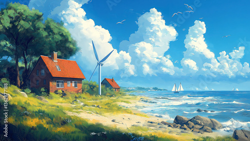 Clean renewable energy generation with solar panels and wind turbines in natural surroundings