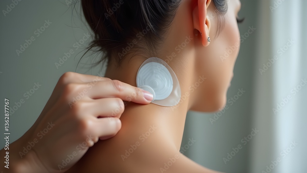 Woman applying therapeutic patch on neck for health, wellness and pain relief Woman applying therapeutic patch on neck for health, wellness and pain relief