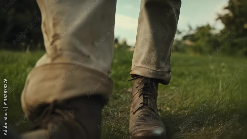 Close Up of Worn Brown Boots Stepping on Lush Green Grass Under Soft Natural Light Close Up of Worn Brown Boots Stepping on Lush Green Grass Under Soft Natural Light
