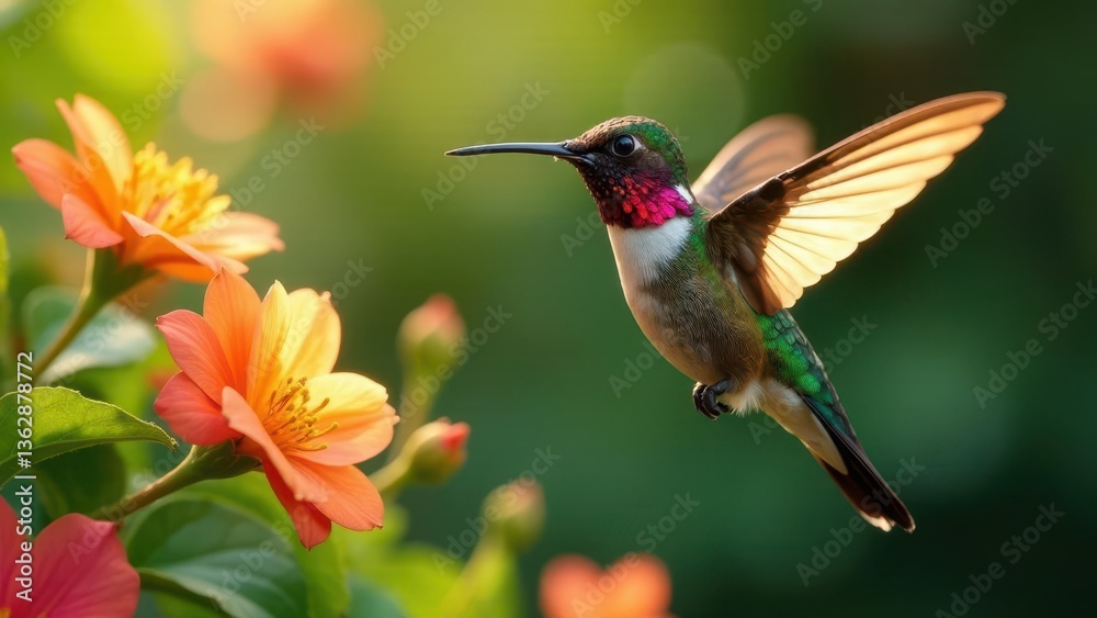 Fototapeta premium A Vibrant Hummingbird in Flight, Gracefully Hovering Near Vivid Orange Blossoms, a Stunning Display of Nature's Beauty