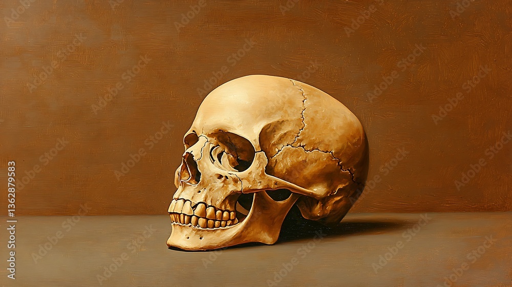 Human skull resting on a surface with brown background Human skull resting on a surface with brown background