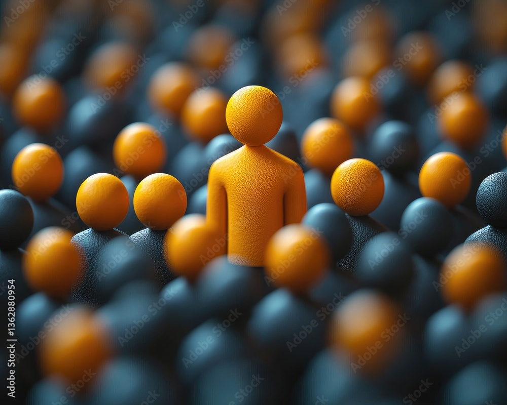 Obraz premium A vibrant orange figure stands out among a crowd of dark figures, symbolizing individuality