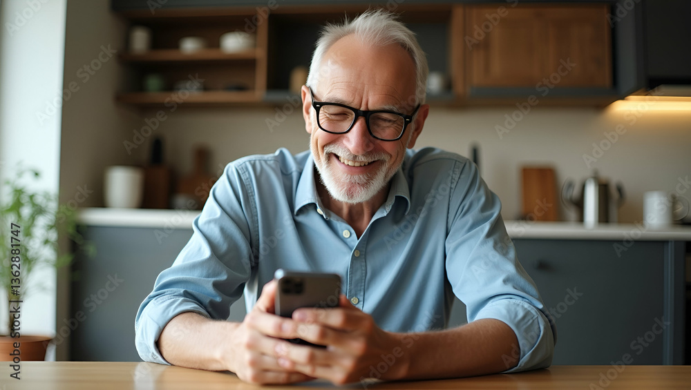 Happy Middle-Aged Man Smiling While Shopping Online on Mobile at Kitchen Table - Stock Photo Concept