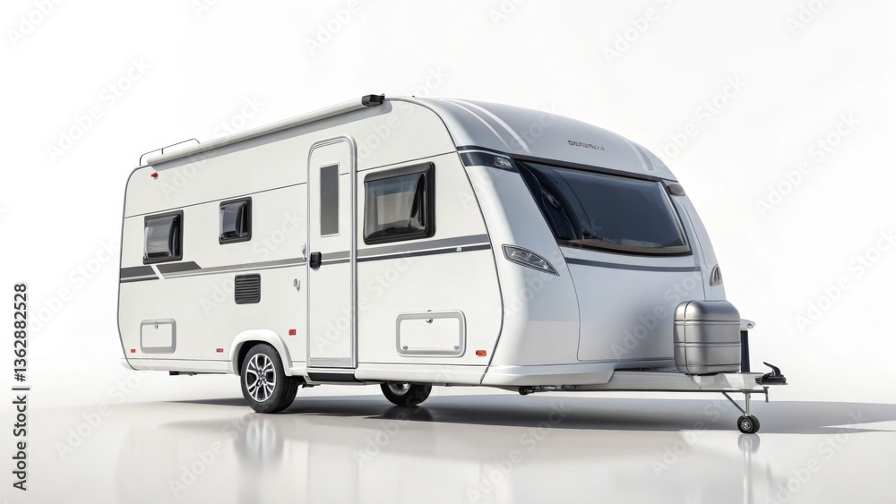 Modern white caravan with clean lines on isolated background, minimal design style in light gray and white colors, representing mobile travel lifestyle and recreational vehicle concept Modern white caravan with clean lines on isolated background, minimal design style in light gray and white colors, representing mobile travel lifestyle and recreational vehicle concept
