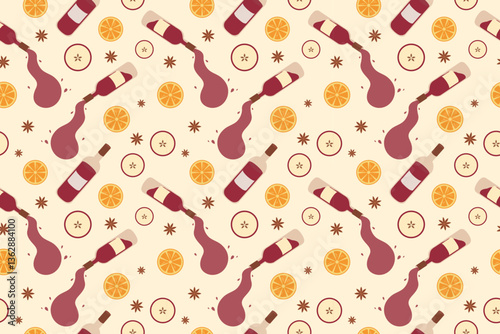 Seamless pattern, red wine, drops, orange, apple, anise. Vector flat illustration for menu design, packaging. Autumn atmospheric picture
