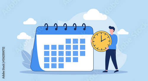 Man holding a clock next to a calendar. Time management concept.