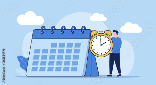 Man holding a large clock next to a calendar.