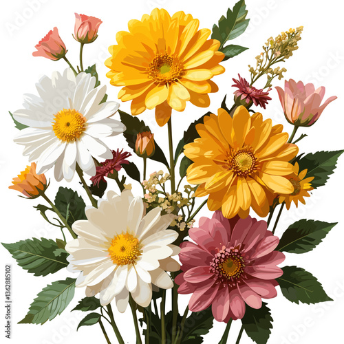 Vibrant bouquet of colorful flowers including daisies and chrysanthemums